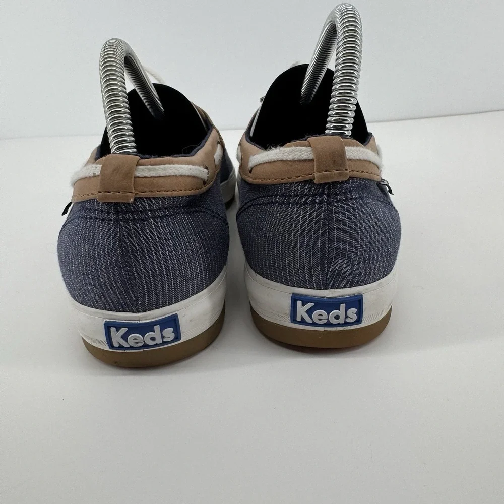 Keds Coastal Preppy Boat Shoes Navy Stripe Tan Trim Lace Up Comfort Size 8 Foam